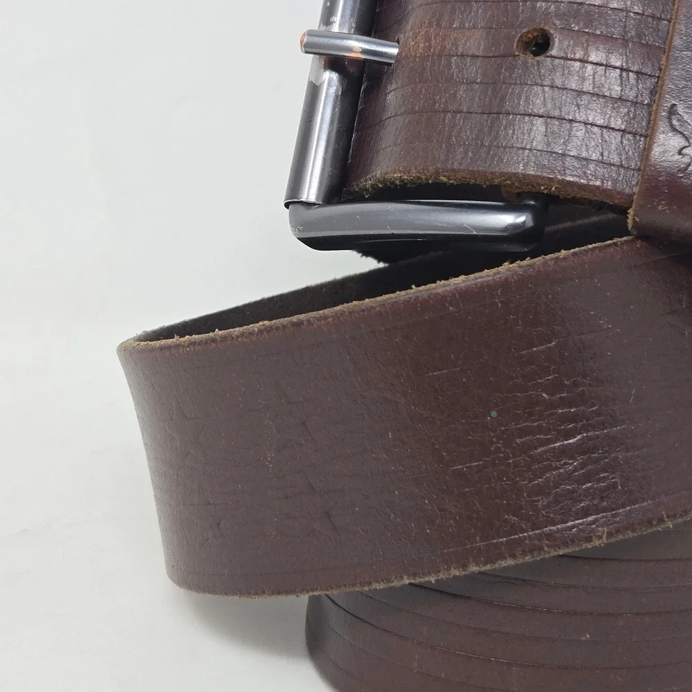 American Eagle Mens Brown Leather Belt Stars‎ and Stripes Embossed Size 36-38